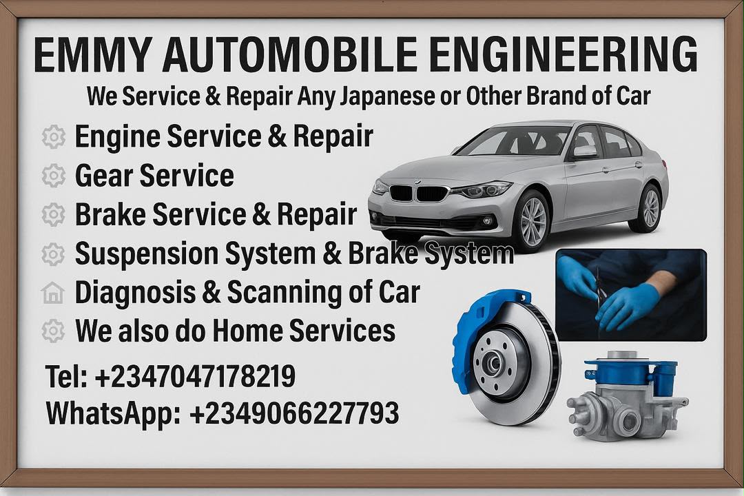 Emmy Automobile Engineering workshop signboard listing engine, gear, brake, suspension and diagnostics services
